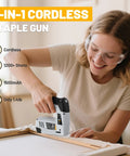 Straight Up Hassle Free Cordless Electric Staple Gun And Brad Nailer Combo With Plug And Play Rechargeable Lithium Ion Battery Bottom Feed Tray For Upholstery Woodworking And DIY Project Work in use by a smiling woman.