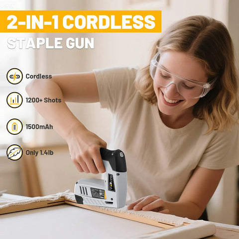 Straight Up Hassle Free Cordless Electric Staple Gun And Brad Nailer Combo With Plug And Play Rechargeable Lithium Ion Battery Bottom Feed Tray For Upholstery Woodworking And DIY Project Work in use by a smiling woman.