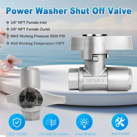 Swess DN10 Ball Valve Pressure Washer, 3/8" Stainless Steel Shut Off Valve on display with specs and icons for quality features