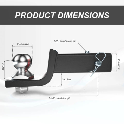 Drop Trailer Hitch Ball Mount Kit For 2 Inch Receiver With 2 Inch Ball And Five Eighth Inch Hitch Pin Kit Fits 2 Inch Hitch Receiver 7500 Lbs Capacity Matte Black product dimensions with labels for hitch ball and pin.