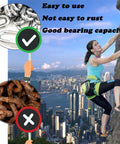 Woman climbing rock face, Twenty Pcs One Eighth Inch Quick Links 304 Stainless Steel shown as corrosion-resistant, suitable for outdoor adventures.