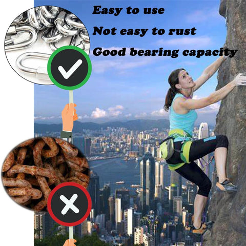 Woman climbing rock face, Twenty Pcs One Eighth Inch Quick Links 304 Stainless Steel shown as corrosion-resistant, suitable for outdoor adventures.
