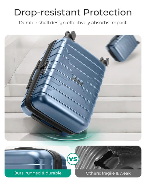 Two royal blue hard-shell carry-on luggage pieces with spinner wheels; angled foreground view.