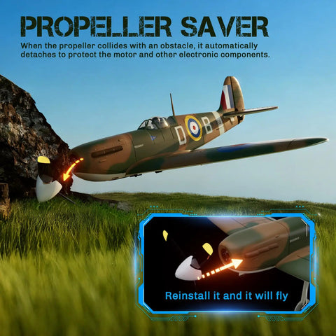 Brushless 4 Channel Spitfire Fighter RC Plane 500mm With 6 Axis Gyro XPilot Stabilizer flying over grassy field