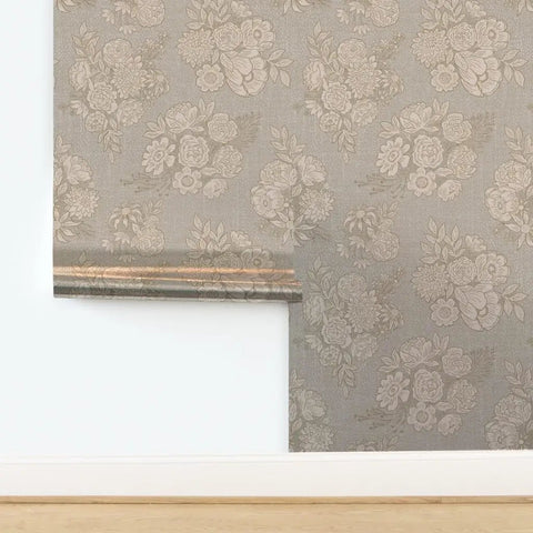 Top Shelf Vintage Peony Silver Metallic Wallpaper Featuring Smooth Fabric Texture And Eco Friendly Design For That Dreamy Room Glow Up and Easy Paste On Wall Install With Durable Build And Class A Rated For Sharp Home Vibes, showing floral patterns.