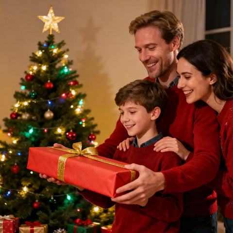 Family exchanging a gift in front of a Christmas tree, decorated with colorful lights and ornaments during a festive holiday gathering.