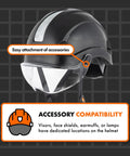 Black hard hat with accessory attachment points, showcasing accessory compatibility details on grid background.