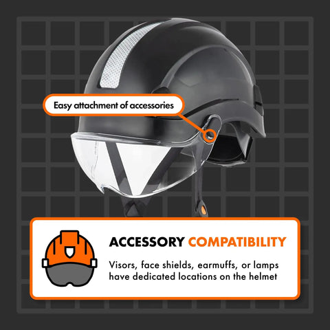 Black hard hat with accessory attachment points, showcasing accessory compatibility details on grid background.