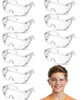 10 Pack Kid Safe Lab Goggles Set With Lightweight Clear Lenses Protective Eye Glasses For Small Faces Kid Friendly Science Glasses With Snug Fit For School Experiments And Home Science Fun, shown with smiling child
