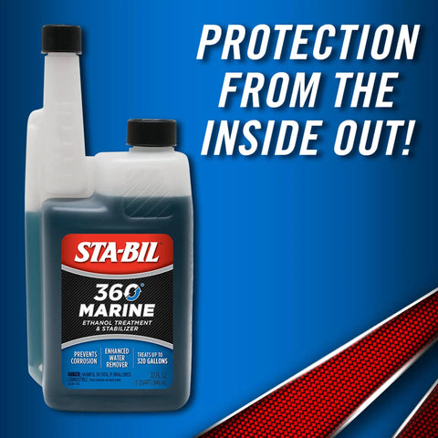 Marine Fuel System Treatment 32 Oz For Boats And Watercraft bottle with label and protection from the inside out message.