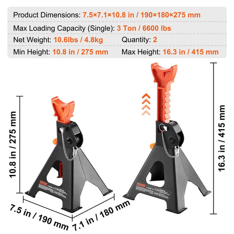Beefy 3 Ton Car Jack Stands With Double Locking Adjustable Height From Ten Point Eight To Sixteen Point Three Inches, red finish