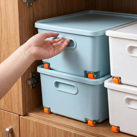 Top Shelf Heavy Duty Rubber Caster Wheels 4 Pack 0.5 Inch Low Profile Rollers Non Swivel Rigid Build For Smooth As Butter Furniture Glides Killer Fit For Under Bed Drawers And Cabinet Sliding Setup Bright Orange Set in use on blue storage bins