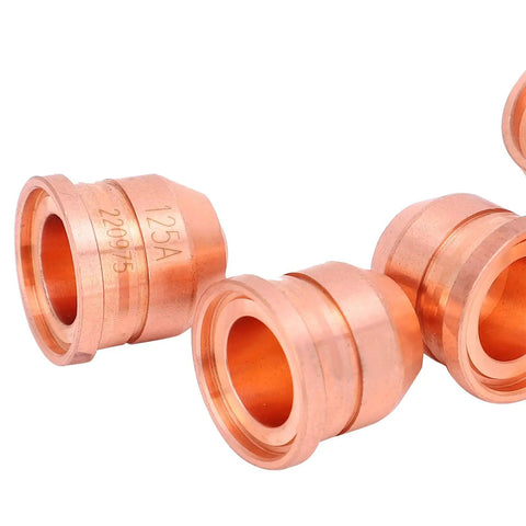 Solid 5 Piece 220975 Plasma Nozzle And Electrode Tip Combo Kit Compatible With Most Cutting Machines, detailed view of copper nozzles.