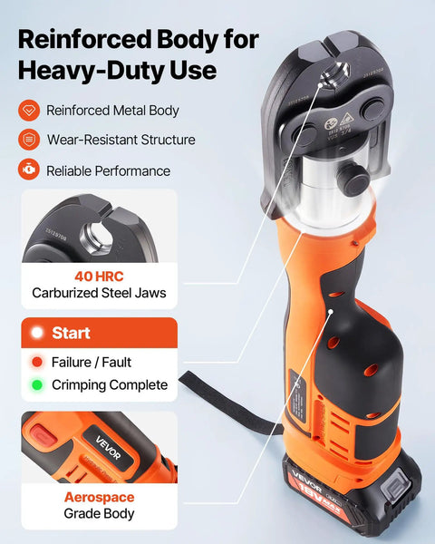 VEVOR 18V Electric Pipe Press Tool With Six VUS Jaws for Copper Crimping, showcasing reinforced metal body and 40 HRC steel jaws.