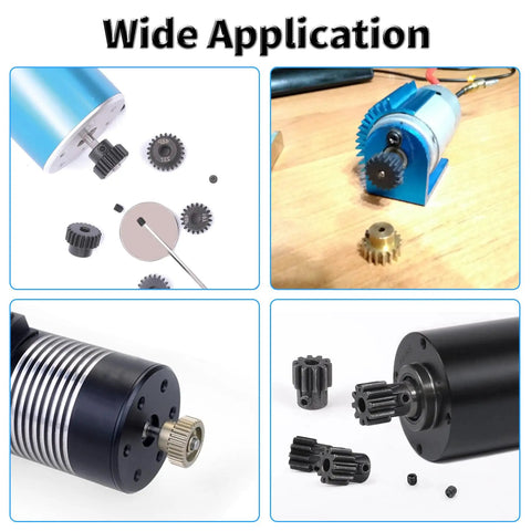 Pinion Gear 48P 20T With 1/8 Inch Shaft Hole For RC Cars And Gearboxes 3.175mm Shaft 11.5mm Diameter 9mm High Built From AISI 1045 Steel With Blackened Finish For Rugged Rust And Wear Resistance, shown on RC motor shafts