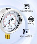 Beefy Dry Pressure Gauge With Two And A Half Inch Dial 0 To 100 Psi NPT Quarter Inch Connection Lower Mount 304 Stainless Steel Case Rust Resistant And Built To Last For Air Water And Hydraulic Systems