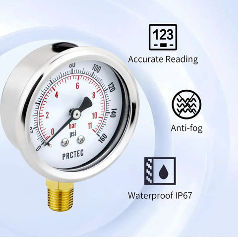 Beefy Dry Pressure Gauge With Two And A Half Inch Dial 0 To 100 Psi NPT Quarter Inch Connection Lower Mount 304 Stainless Steel Case Rust Resistant And Built To Last For Air Water And Hydraulic Systems
