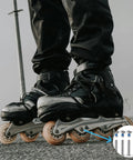 Person skating with inline skates featuring 6mm Inline Skate Axle Screws Set, 15/64 Inch Shaft, 35mm Working Length, 42mm Fully Screwed Length, Hex Socket Bolts for Roller Blade Wheels, Silver Tone Replacement Hardware for Casual, Fitness and Urban Skates
