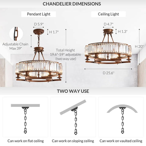 Six Light Vintage Round Crystal Chandelier With Farmhouse Wagon Wheel Vibe Flush Mount Ceiling Light dimensions and uses