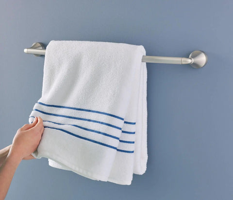 Hamden Spot Resist Brushed Nickel 24 Inch Single Towel Bar With Easy Install Press And Mark Alignment in use with hand towel