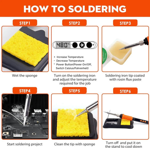 Instructional steps for using Pro Grade 100W Digital Soldering Iron Kit With Rapid Heat Up To 480 C In Seconds And 350 C Fast Start