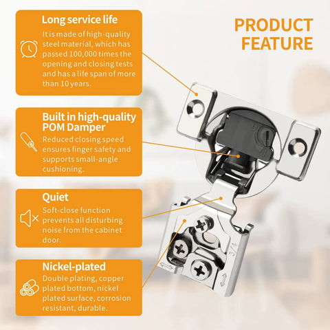 Premium Self Closing Soft Close Cabinet Hinges 10 Pack With Smooth As Butter Action Satin Nickel Stainless Steel feature close-up