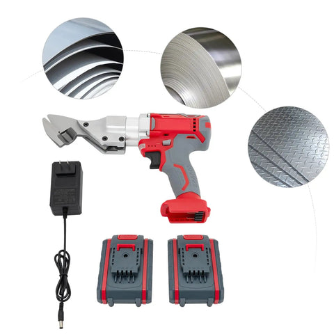 21V Brushless Cordless Sheet Metal Shear With Two Batteries And 360 Degree Pivoting Head, electric tin snips with battery charger.