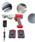 Heavy Duty 21V Brushless Cordless Metal Shear With Swivel Head And Variable Speed, battery, charger, and cutter detail.