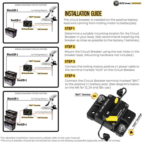 Wiring guide and installation for Trolling Motor Stabilizer Bundle with Bow Mount Support and 60 Amp Waterproof Circuit Breaker.