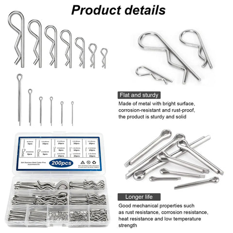 All Purpose Cotter Pin And Fastener Kit 200Pcs 13 Sizes Stainless Steel 304 Clevis Pins And R Clips Set displayed in box