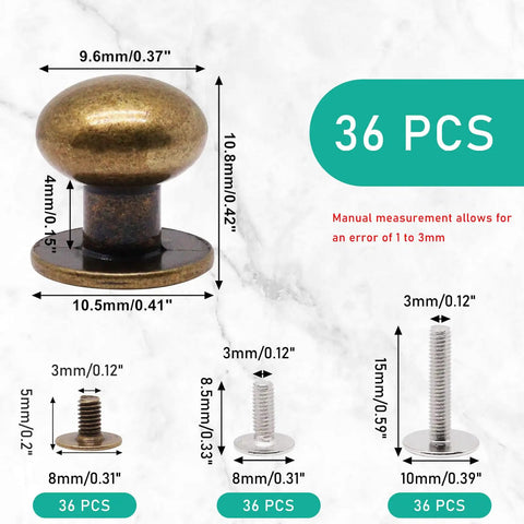 Bronze Mini Drawer Pulls Set Of 36 Tiny Round Knob Handles For Jewelry Boxes Cabinets And Dressers, 0.37 Inch Diameter, 0.4 Inch Base, 0.42 Inch Height, Includes 108 Screws And 3 Screw Sizes, size chart