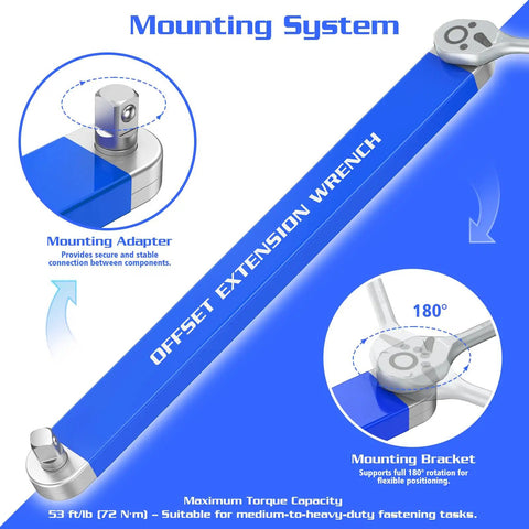 Heavy Duty Offset Extension Wrench Set Featuring Chain Drive Mechanism And Zero Degree Swing Arc, showcasing mounting system and torque features.