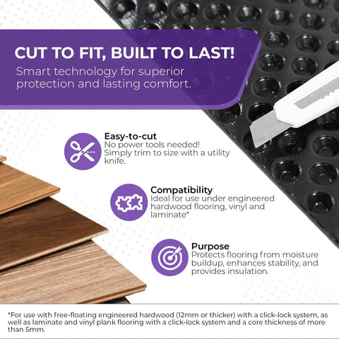 Premium Underlayment Roll With Heavy Duty Moisture Barrier For Engineered Hardwood Laminate And Vinyl Plank Floors Supporting 5MM Or Thicker Click Lock Systems No Sweat Setup Delivers Top Shelf Durability with utility knife and wood samples.