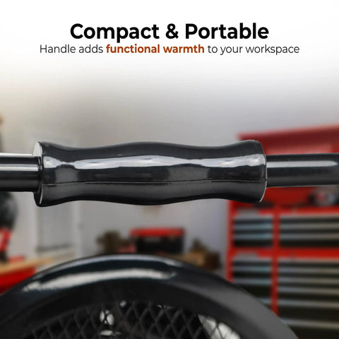 Handle of Powerful 3600 Watt 240 Volt Portable Industrial Heater With Steel Body Adjustable Tilt Thermostat in workshop