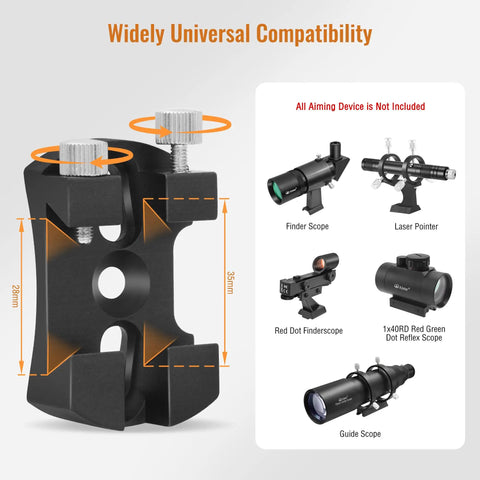 Universal Plug-and-Play Quick Release Finder Shoe Base shown with dimensions and compatible telescope accessories