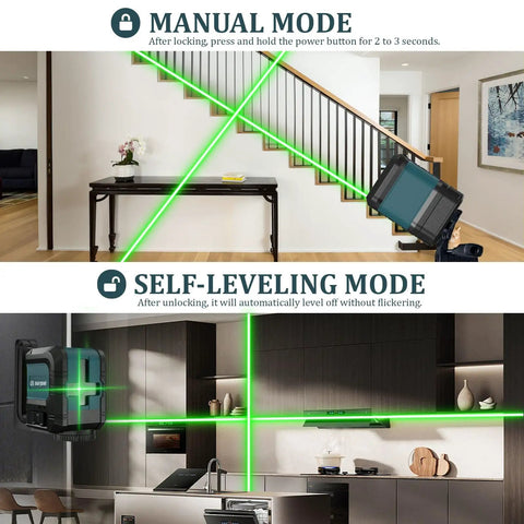 Bright Green Laser Level With USB C Charging, 100ft Auto Level Cross Line Tool showing manual and self-leveling modes for home use.