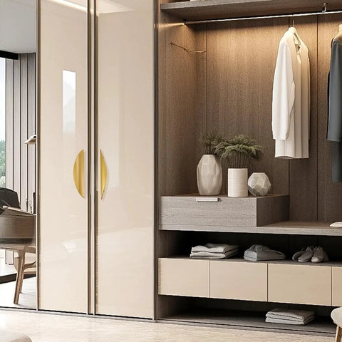 4 Pack Brushed Gold Crescent Cabinet Pulls With 5.79 Inch Overall Length And 3.75 Inch Hole Centers on modern wardrobe doors