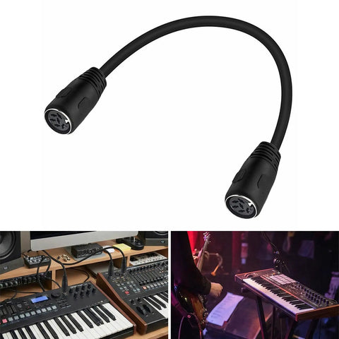 DIN 6 Pin Female To Female Extension Cable For Digital Audio And Data Links with black PVC jacket and metal connectors.