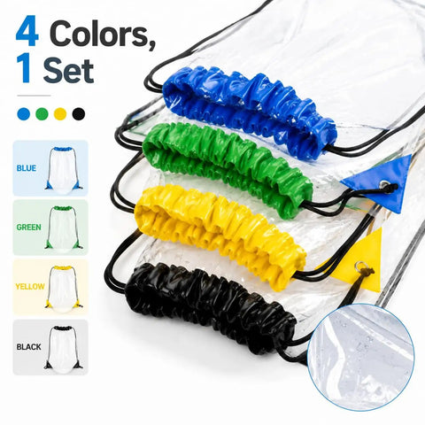 Clear Drawstring Bags 4 Pack Stadium Approved See Through Backpacks in blue, green, yellow, and black for events.