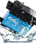 FEETECH RC servo motor with blue aluminum housing, angled front view for 1/8–1/10 scale RC cars