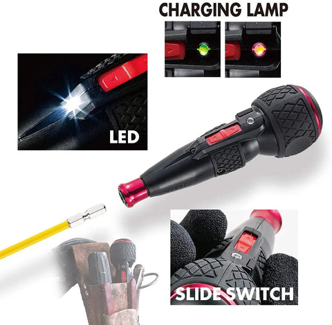 Electric Ball Grip Screwdriver With One Bit, 3.6V Li Ion Battery, features LED light, charging lamp, slide switch, pocket size tool.
