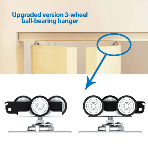 Close-up of 3-wheel ball-bearing hangers for 72 Inch Aluminum Bifold Closet Door Hardware Kit For Four Doors.