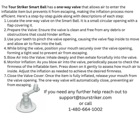 Instructions for inflating the Tour Striker Smart Ball with focus on valve preparation and air intake technique.