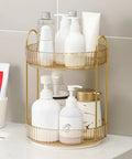 Kick Back And Organize Your Vanity Game With This Smooth Spin 360 Rotating Makeup Organizer Featuring Two Tier High Capacity Storage For Cosmetics Skincare And Perfume In Classic Amber Gold holding various skincare bottles.