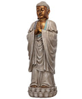 Asian Bodh Gaya Buddha Garden Statue, 30 Inch Tall Cast Stone Resin Sculpture With Faux Stone And Metallic Finish, 9 Inch Wide Hand Painted