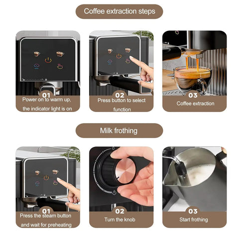 Pro Grade Semi Automatic Espresso Machine With Slick Touchscreen And Large Tank To Brew At Home Ditch Cafe Hype coffee extraction and frothing steps