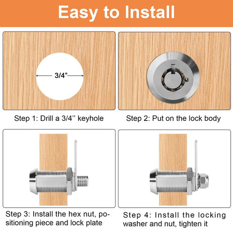 Secure your RV compartments with keyed-alike cam locks, a set of four 1 1/8 Inch cam locks step-by-step installation diagram