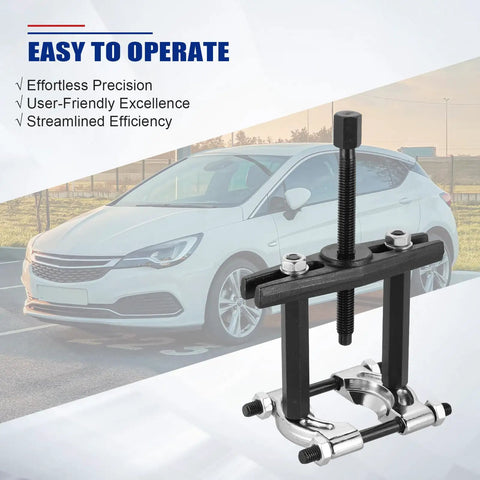 Beefy Heavy Duty Bearing Puller Set For Wheels And Hubs 5 Ton Capacity, shown with 2-inch and 3-inch jaws in front of a car.