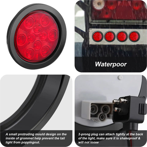 4 Inch Round LED Trailer Tail Lights Kit With 10 Ultra Bright LEDs Waterproof 12V Marker Turn Brake Stop Lights Flush Mount