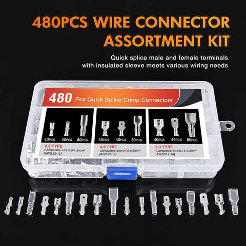 480 piece insulated male and female spade terminals quick splice assortment tin plated copper open barrel connectors kit